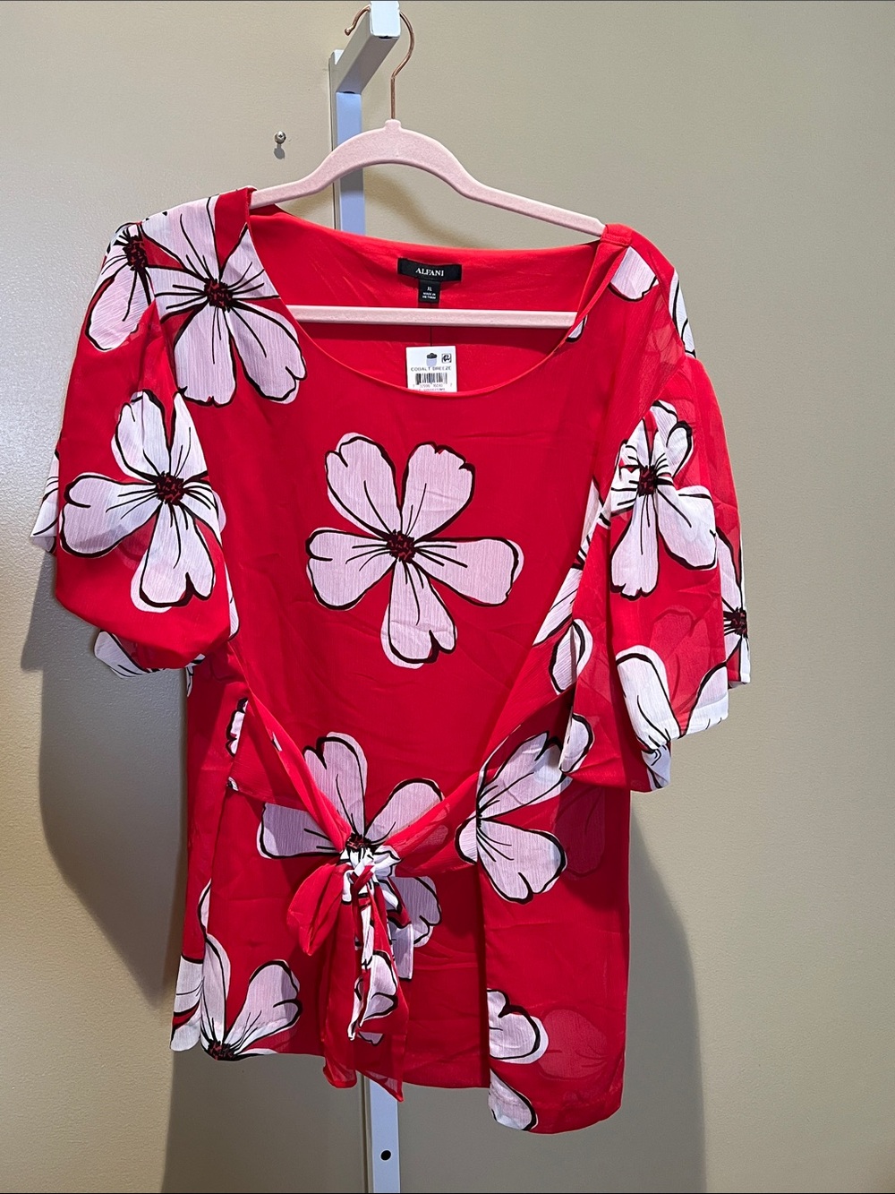 Alfani Bright Red Floral Tie-Front Tunic